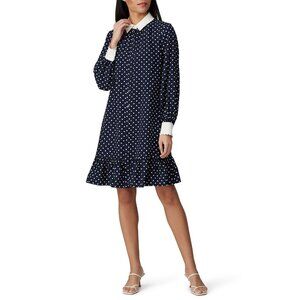 Tory Burch Cora Navy Blue White Polka Dot Silk Shirt Dress Women's Size 8